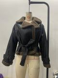Autumn 2025 Women's Women's Women's Cozy Casual PU Lambs Solid Color Belt Jacket