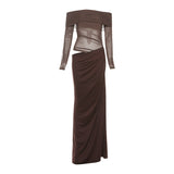 Spring 2025 New Women's Temperament Sexy Shoulder Mesh Perspective Long Dress Dress Woman
