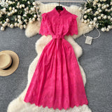 Noble Lady Dress 2025 Summer Waists Slim Collar Short-Sleeved Hollow Hook Embroidery Single Row Buckle Dress