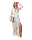 2025 New Women's Lace Long-Sleeved V-Neck Solid Chiffon Summer Dress