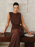 2025 New Women's Folded Wrinkles Sleeveless Long Dress Stylish Metal Decorative Solid Color Dress