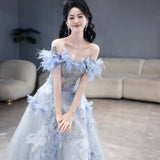 Blue Evening Dress Women's 2025 New Word-To-Shoulder Light-To-Small Day Party Adult Dress Voice Art Examination