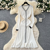 High-Level Small-Sized Famous Woman Hit The Color V-Neck Long Sleeve Single Buckle Waist Knitted Dress Women With Fish Tail