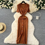 Elegant Little Scent Retro V-Neck Metal Single-D Row Buckle Slimming Temperament Knitted Dress Spring
