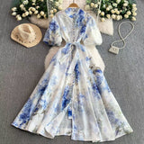 Court-Style Retro-Print Collar Bubble-Sleeved Dress Women's Summer Straps To The Waists To Show A Thin Swollen Dress
