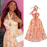 Sexy Hollow Hanging Neck Sling Dress Female Pure Lust Atmosphere Feel Waist Thin Temperament Super Fairy Holiday Floral Dress