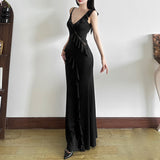 2025 Summer New Women's Style Of French Temperament V Collar Bare Back Leaves Lace Splicing Slinging Dress