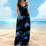 Fashion New Summer Dress Female Butterfly Print V-Necked Long Dress