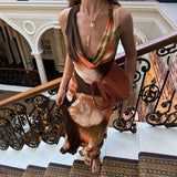2025 Summer Women's New Retro Temperament Collar Color Print High-Waisted Long Dress