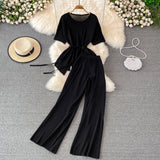 Fashion Suit Goddess Fan Irregularly Round Neck Knitted Top Two Sets Of High-Rise Thin Broad Leg Trousers