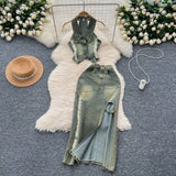 Vintage Water Wash To Make The Old Hanging Neck Sleeveless Collar Collar With Denim Top Two Sets Of Fork Repair Skirts