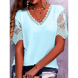 2025 Women's T-Shirt Burst Lace Splicing Loose V-Neck Short-Sleeved T-Shirt