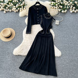 High-End Small Fragrant Style Wearing Women's Autumn Fashion Nail Ball Collar Sleeveless Knitted Dress Long Sleeve Open Shirt Coat