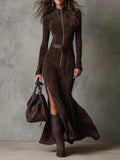 2025 New Retro Modern Collar Zipper High Open Forked Waist Temperament Famous Style Dress