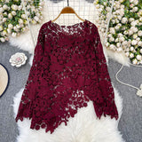 Irregular Cut-Cut Pattern Round-Neck Long-Sleeved Lace Women's Shirt 2025 Summer High-End Elegant Outerwear