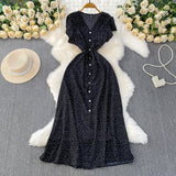 French Red Dot V-Neck Women's Short-Sleeved Dress Summer Single Buckle Tie With Thin A-Word Mid-Long Dress